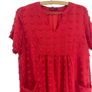 Miholl Babydoll Dress Womens M Red Pom Pom‎ Short Sleeve V Neck Cherry Coquette